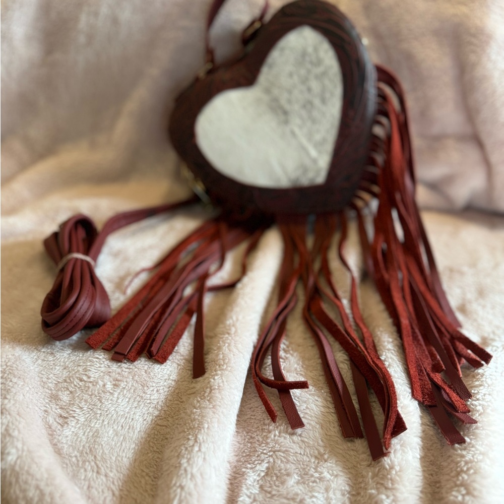 Heart-Shaped Fringe Bag in Red with Black & White Cowhide